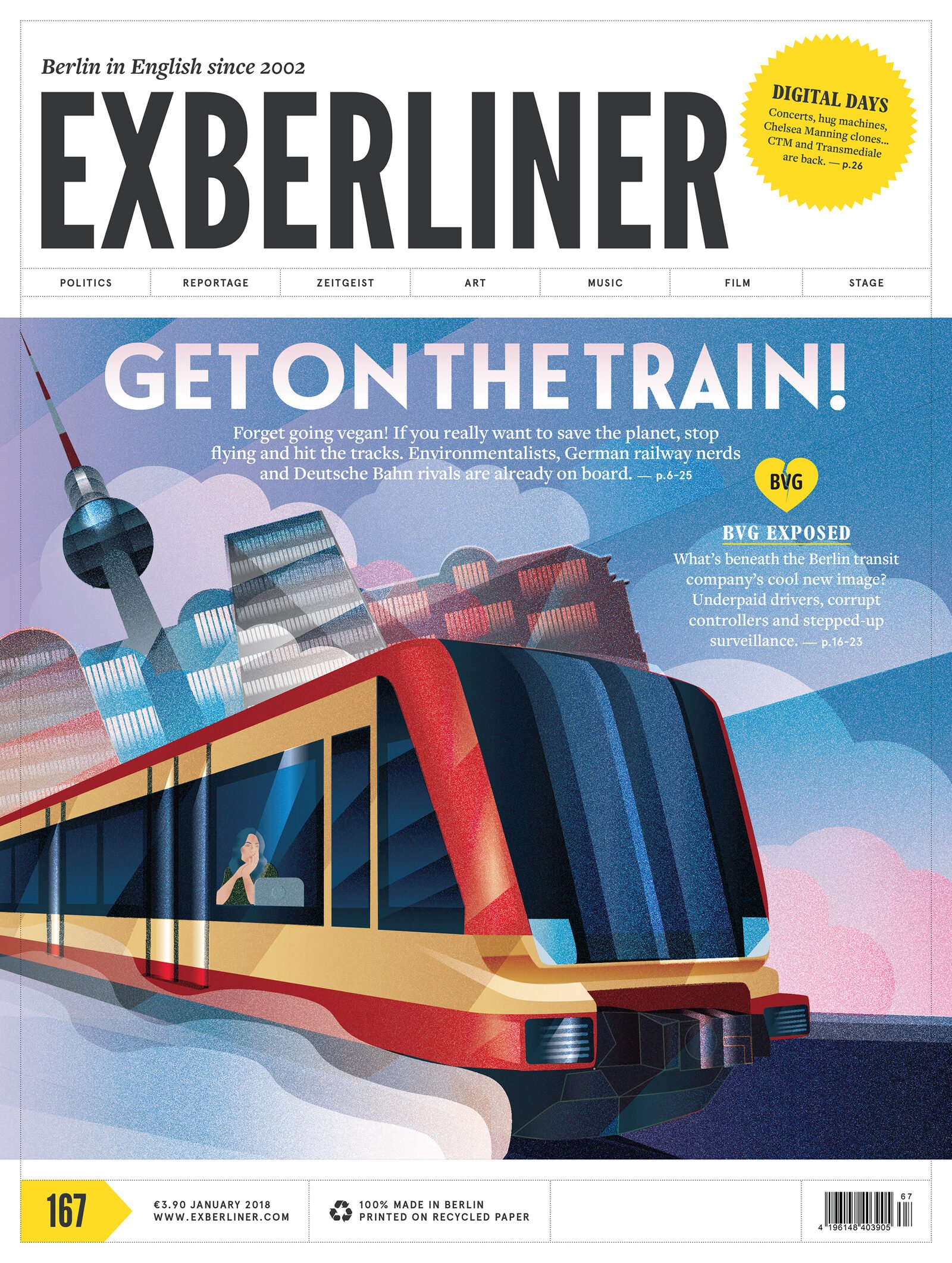 Exberliner #167, January 2018 — 'Get on the Train!' cover, post-rebrand