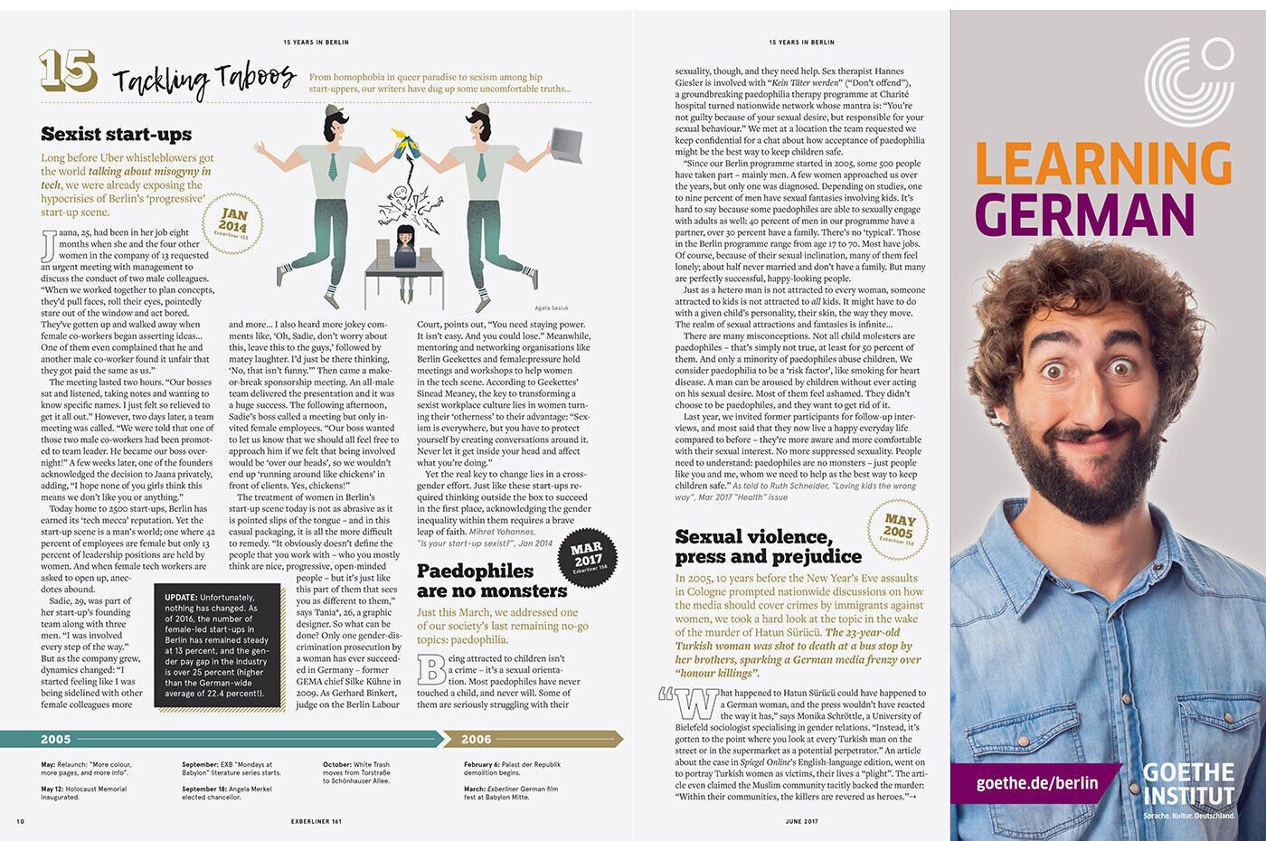 Exberliner — '15 Tackling Taboos: Sexist Start-ups' feature from the 15th anniversary issue, with illustrations and a date-stamped timeline