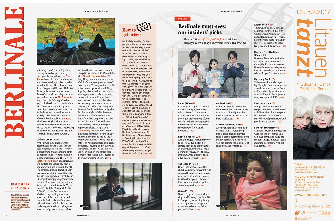 Exberliner — 'Berlinale must-sees: our insiders' picks' feature spread with the vertical 'Berlinale' lockup down the left edge