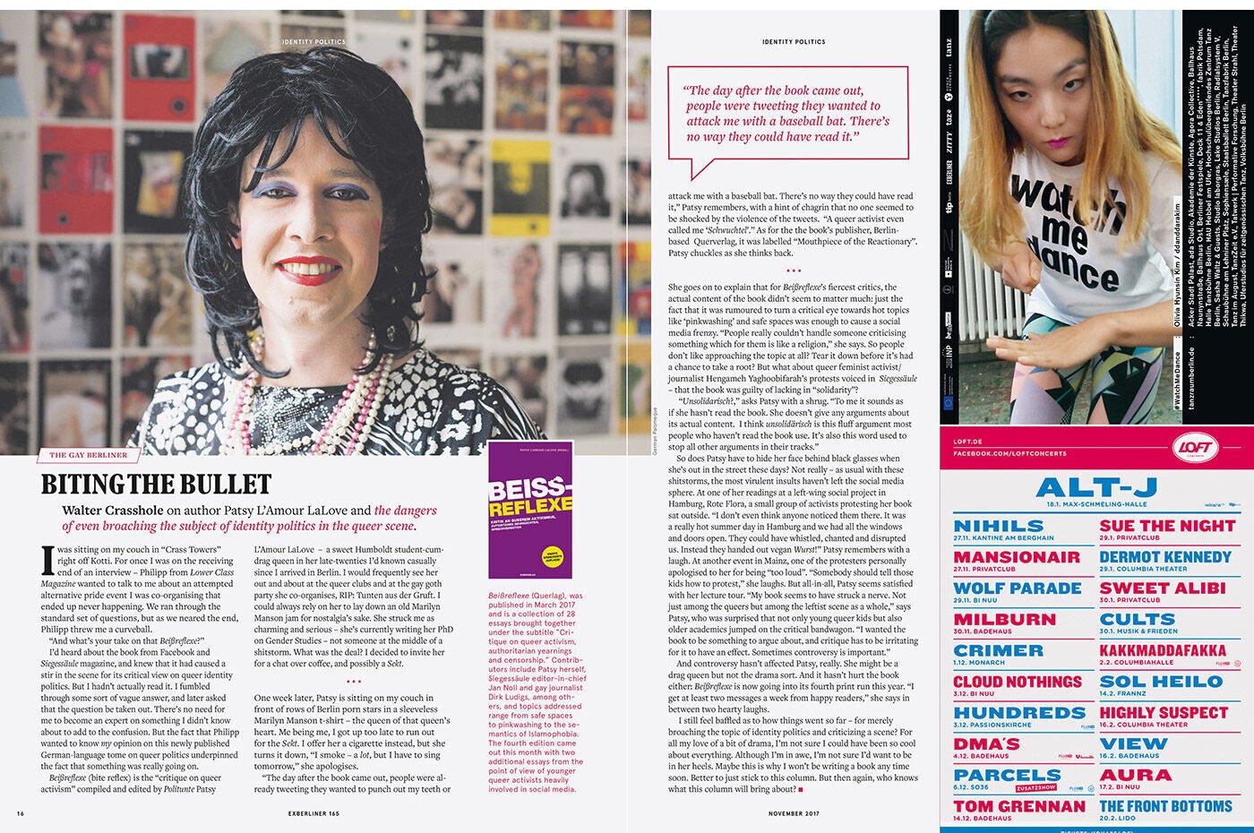 Exberliner — 'Biting the Bullet', Walter Crasshole feature in the Identity Politics issue, with a full-bleed portrait and a pull quote on the right