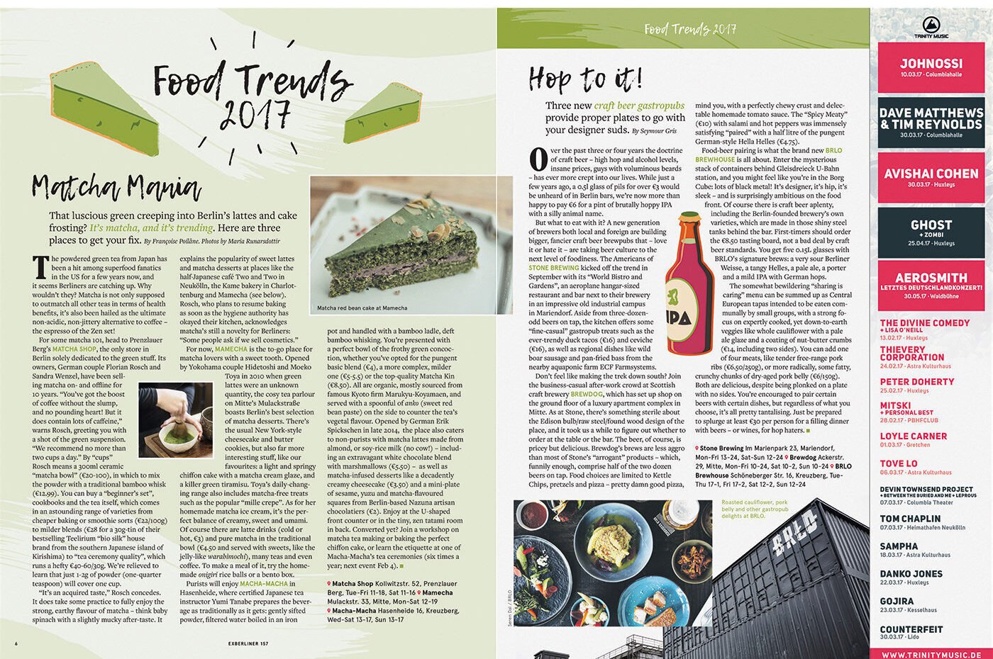 Exberliner — 'Food Trends 2017: Matcha Mania' feature spread, with the music listings panel on the right