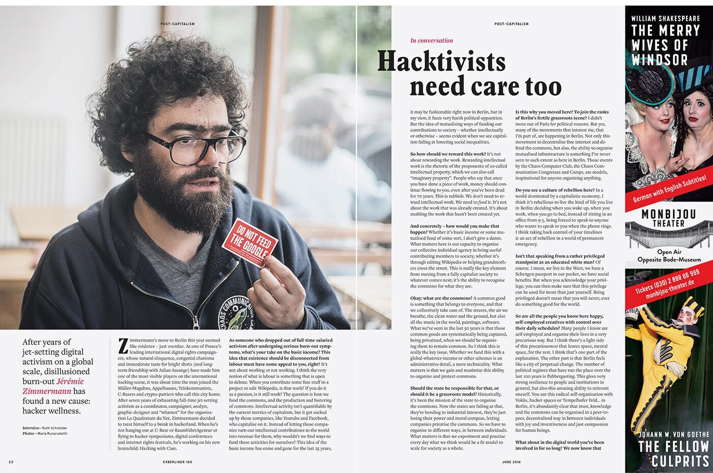 Exberliner — 'Hacktivists need care too', a Jérémie Zimmermann feature on burnout in digital activism, with full-bleed portrait
