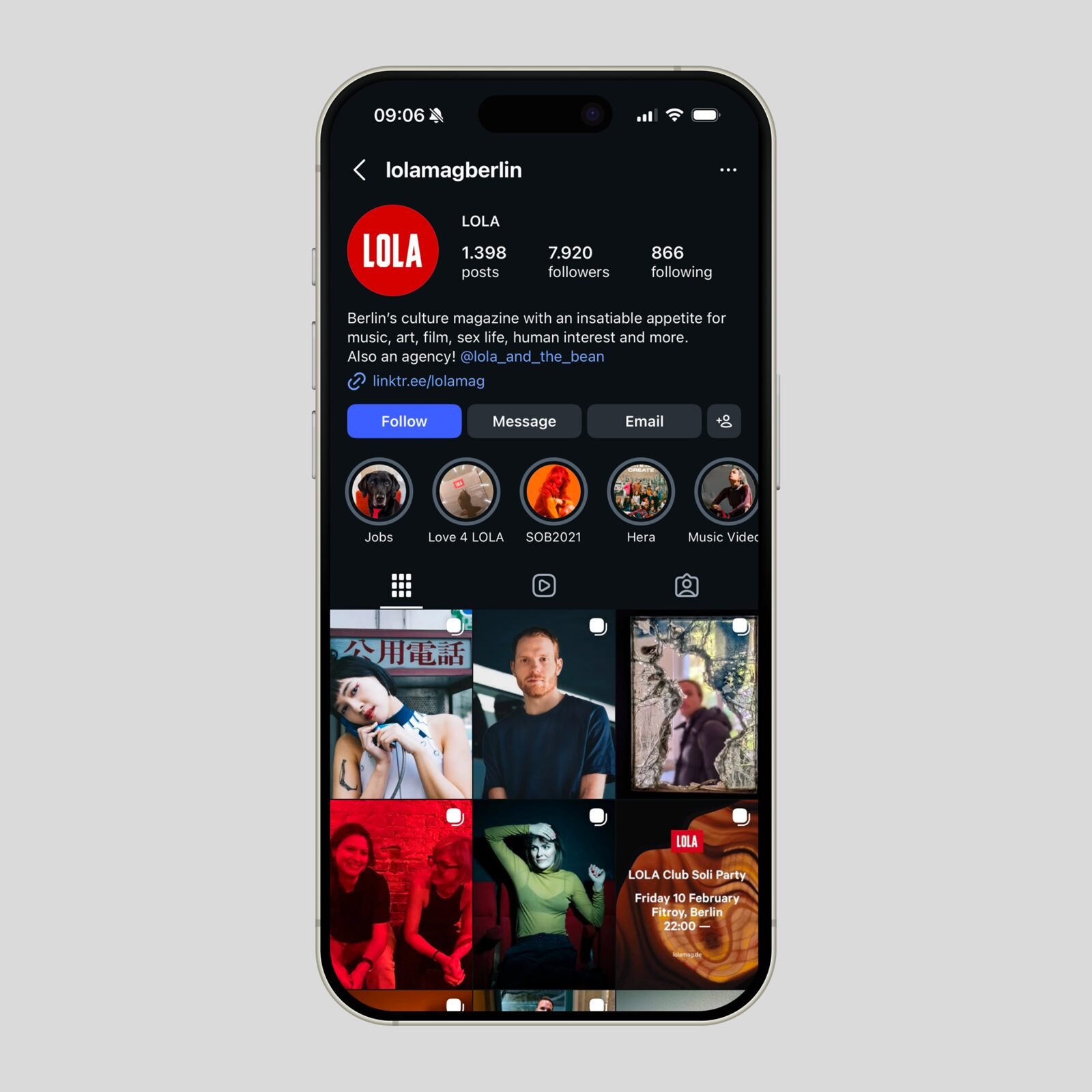 LOLA on Instagram — @lolamagberlin profile in dark mode, red logo avatar above the post grid