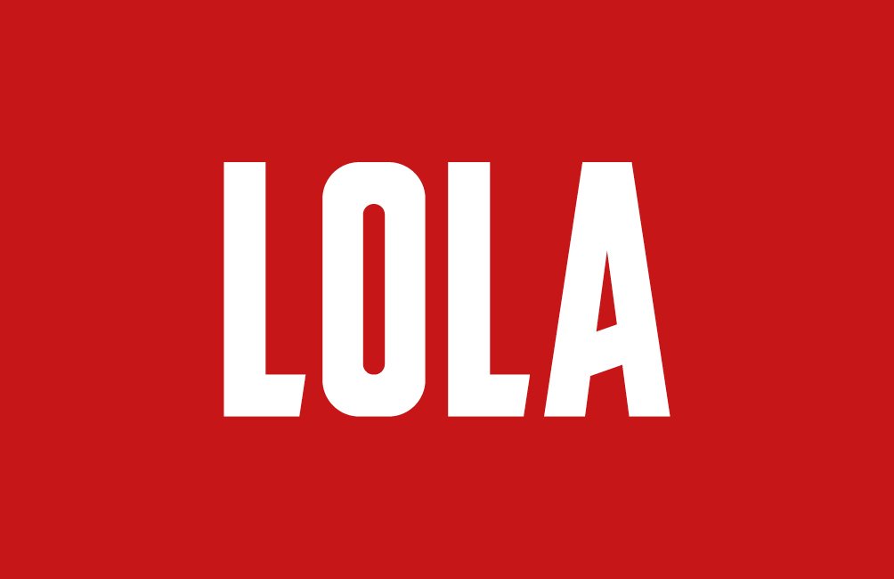 The LOLA logo — bold white wordmark on a flat red field, primary lockup