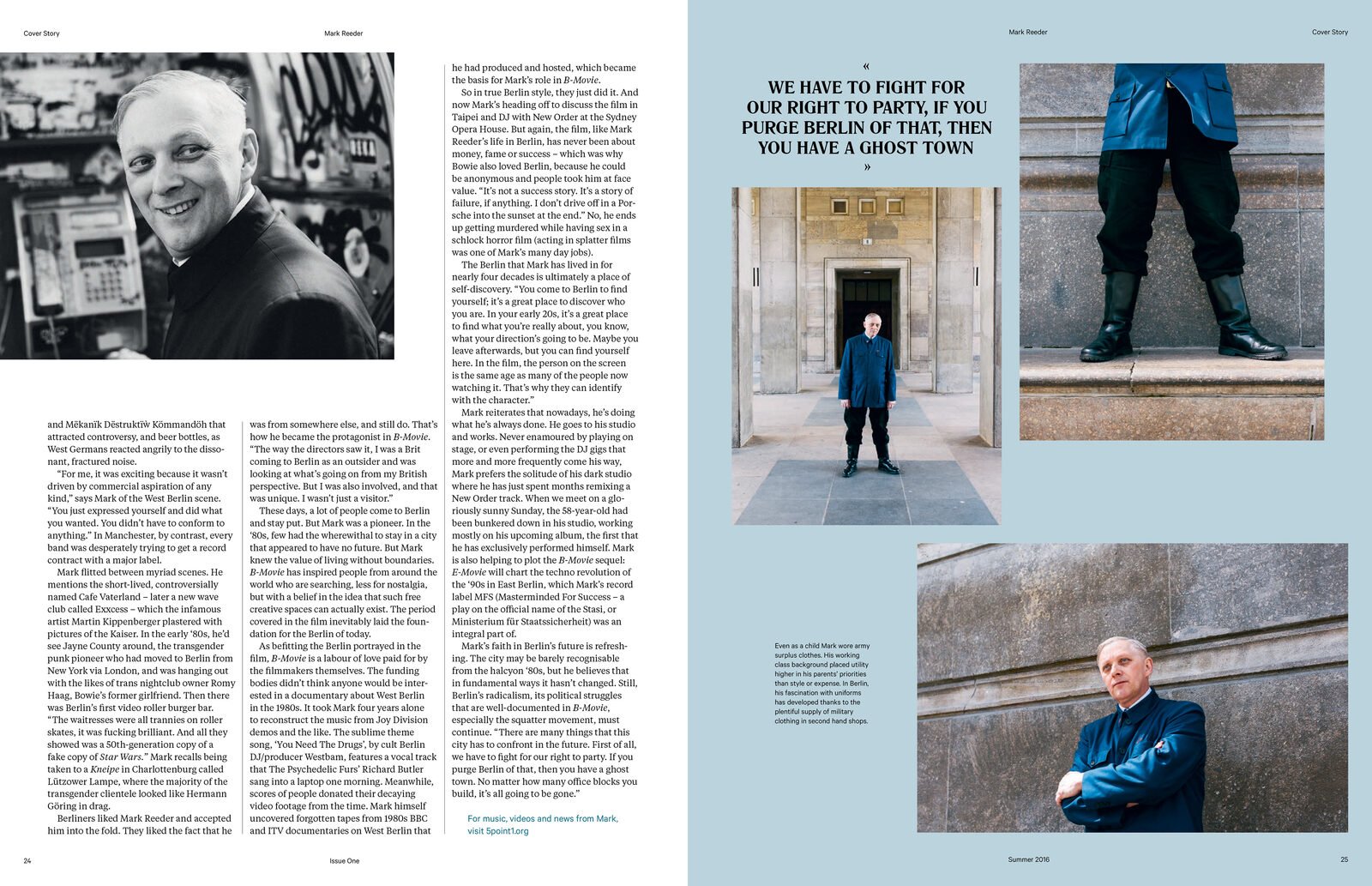 Mark Reeder feature late spread — 'We have to fight for our right to party' pull quote with three vertical archival images alongside body text