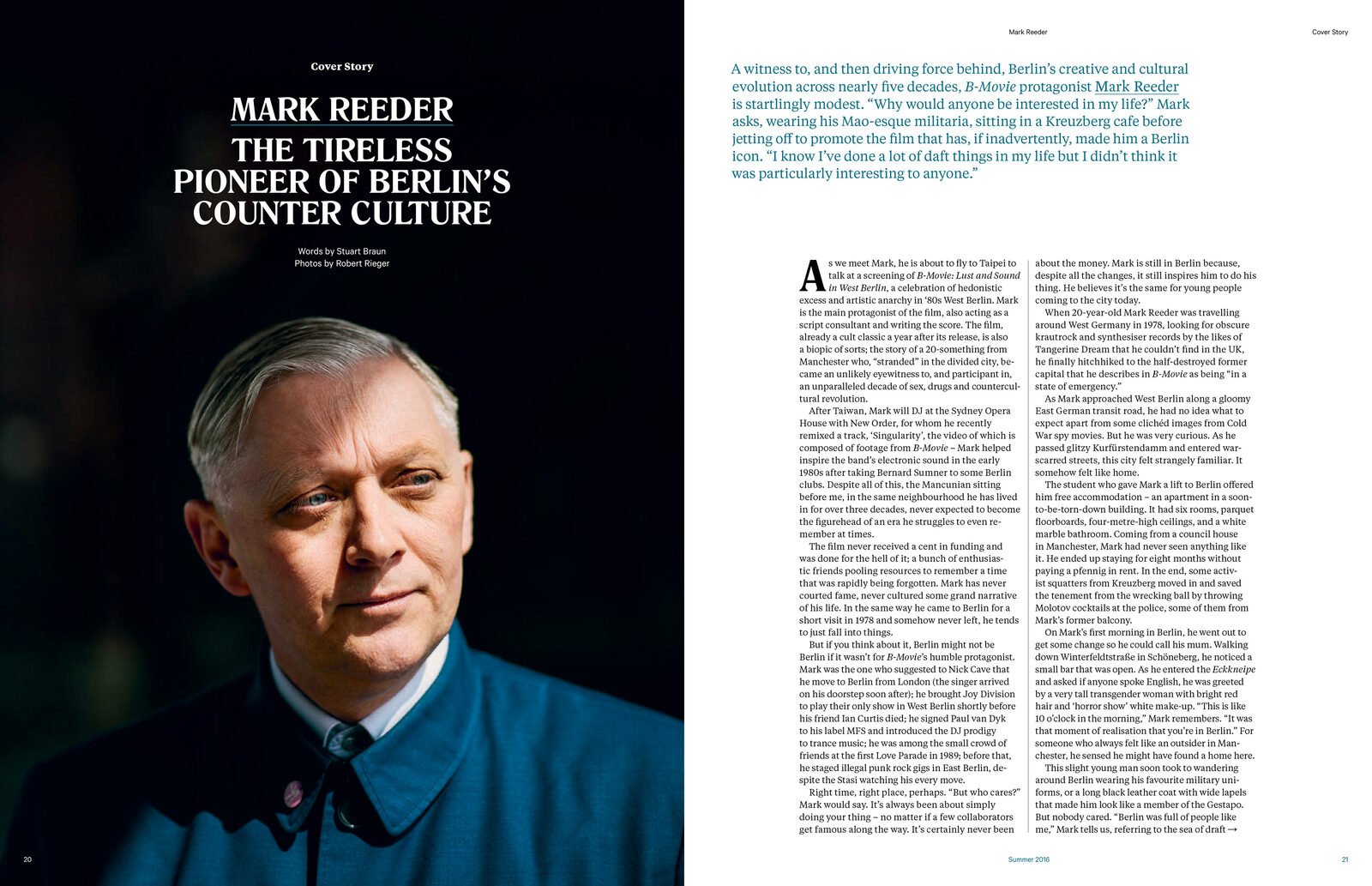 Mark Reeder feature opening spread — 'The Tireless Pioneer of Berlin's Counter Culture' headline left, portrait of Reeder seated in a blue jacket right