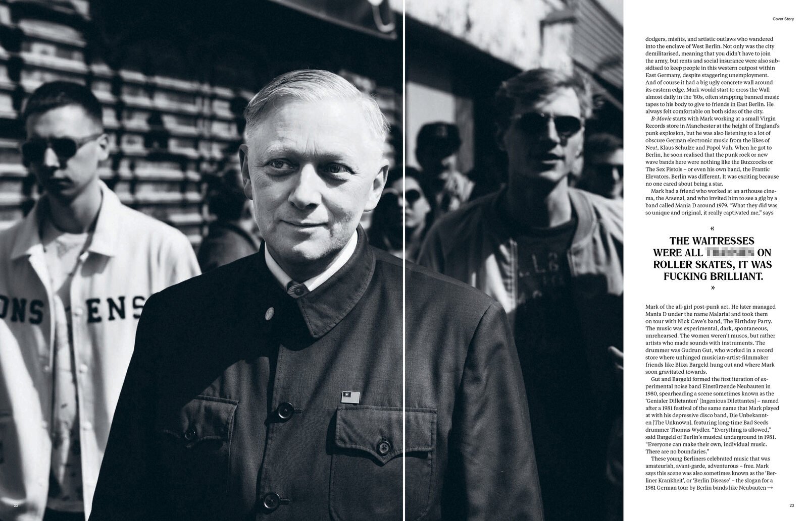 Mark Reeder feature mid-spread — central black-and-white portrait flanked by archival photographs of the 80s Berlin scene, with a redacted pull quote on the right page