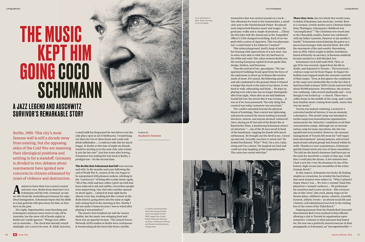 Coco Schumann — 'The Music Kept Him Going', feature opener with portrait and condensed display headline
