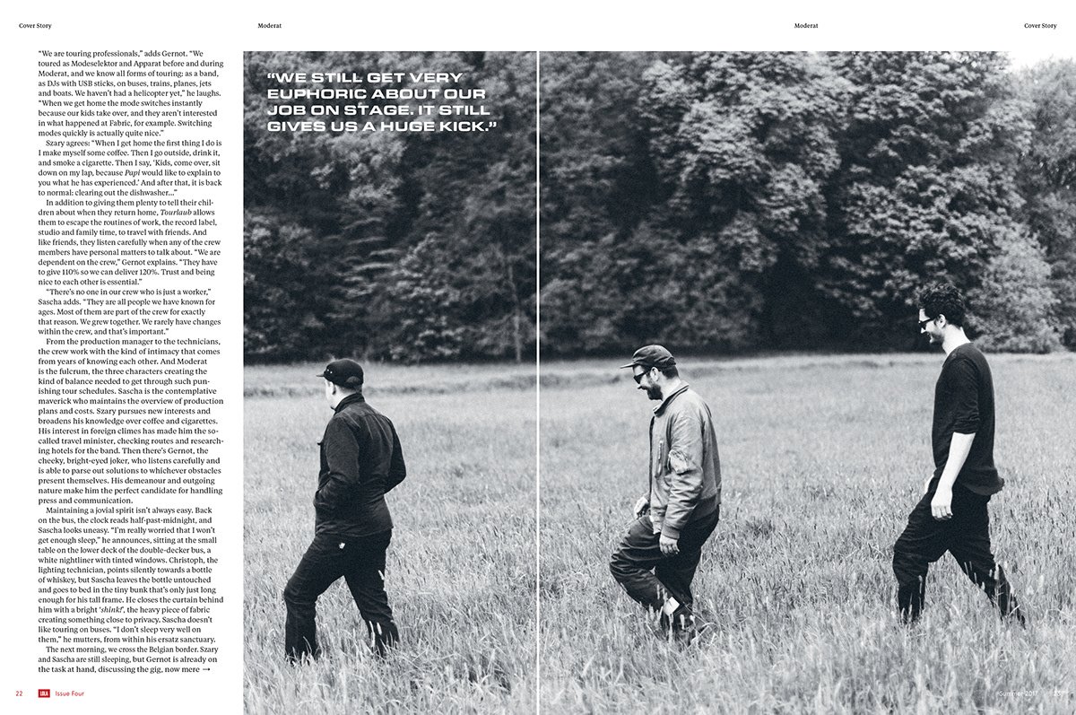 Moderat continued — black-and-white feature spread with two band members in a sunlit field, pull quote 'We still get very euphoric about our job on stage'