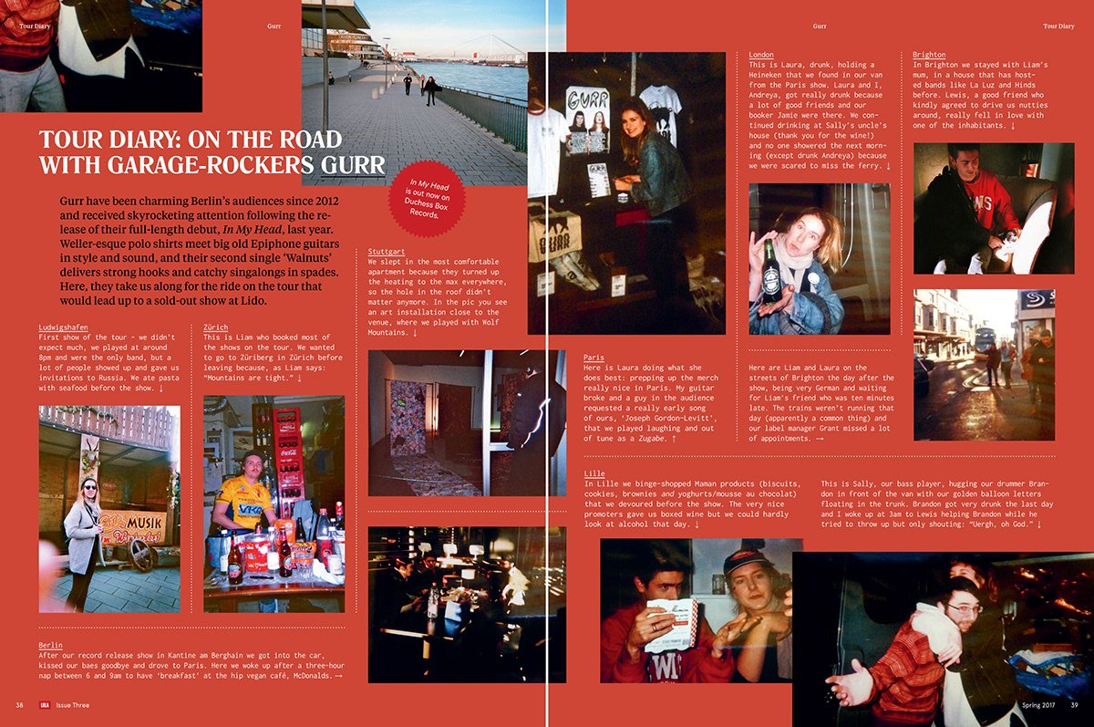 Gurr — 'Tour Diary: On the Road with Garage-Rockers Gurr', a red full-bleed spread with polaroid-style band photographs