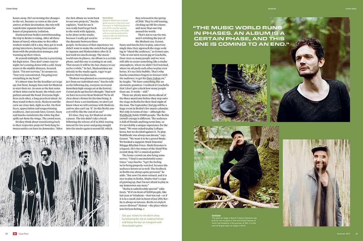 Moderat continued — feature spread with the pull quote 'The music world runs in phases' set above a grid of band and individual portraits