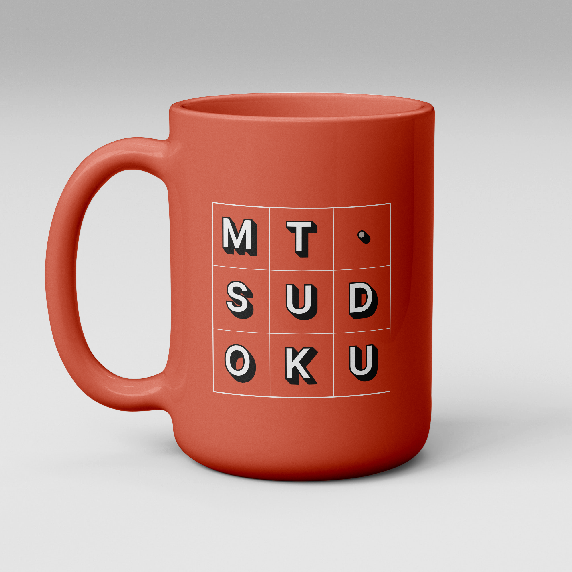 Mt. Sudoku branded mug — coral colourway with square mark