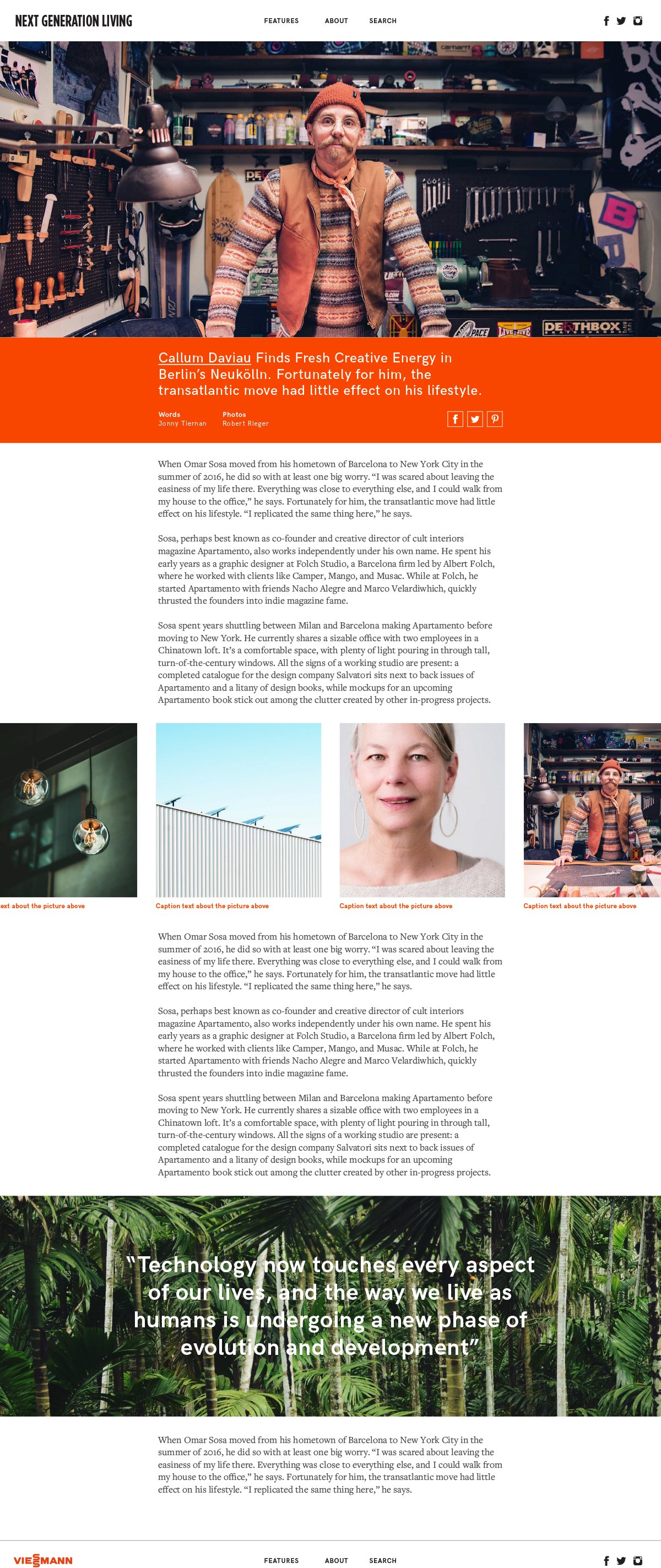 Next Generation Living feature-page layout — 'Callum Davies Finds Fresh Creative Energy in Berlin's Neukölln' article with dominant portrait photography, two-column body text and a full-width closing pull quote