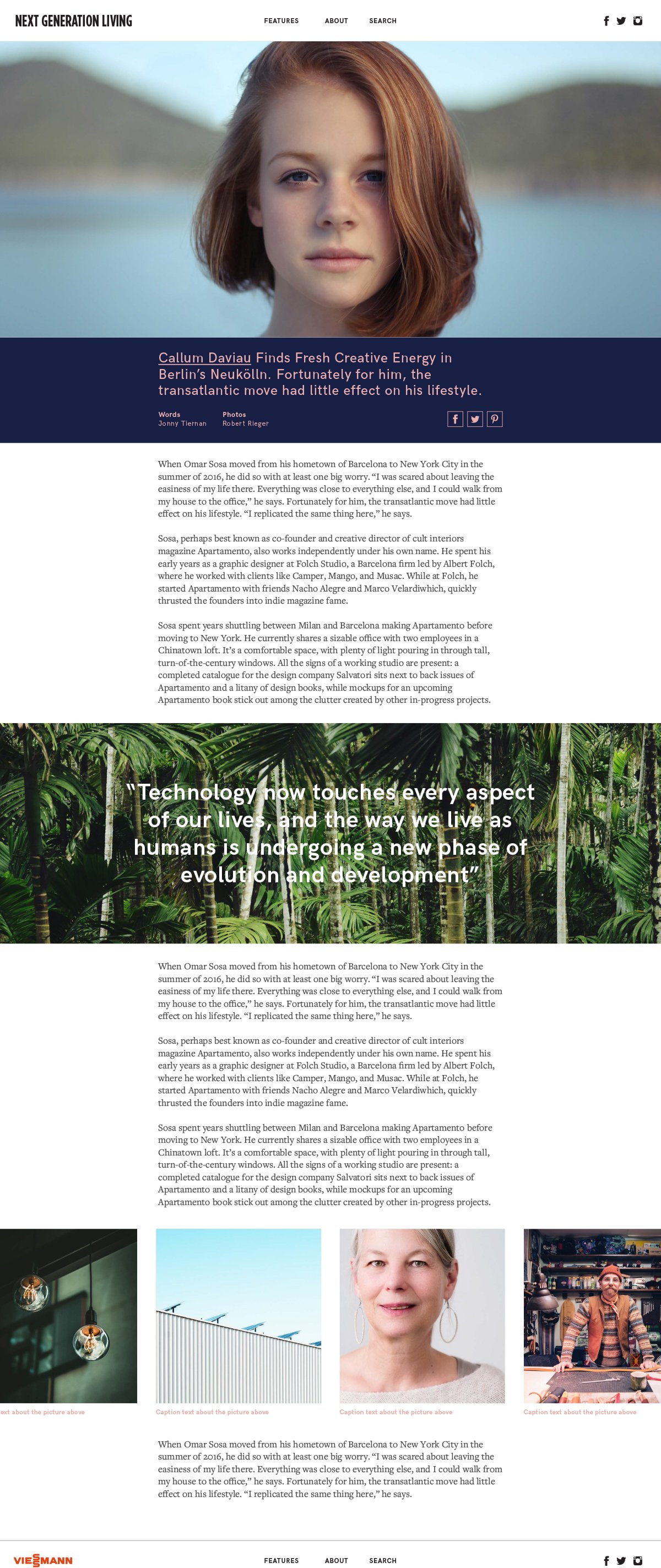 Next Generation Living feature-page layout — second feature showing the article grid and typographic pull quote treatment applied to a different subject and colour theme
