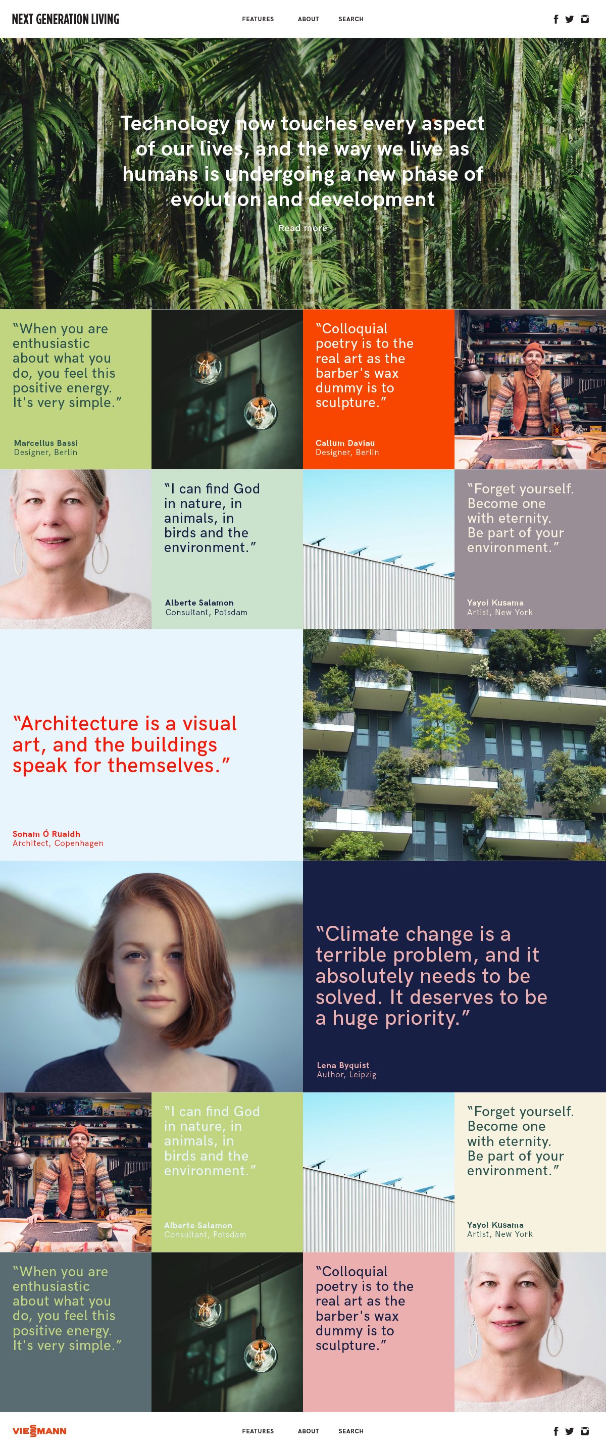 Next Generation Living homepage — hero quote from Marcellus Bacci, portrait-and-quote contributor grid below with photography and pull quotes from designers, architects and entrepreneurs