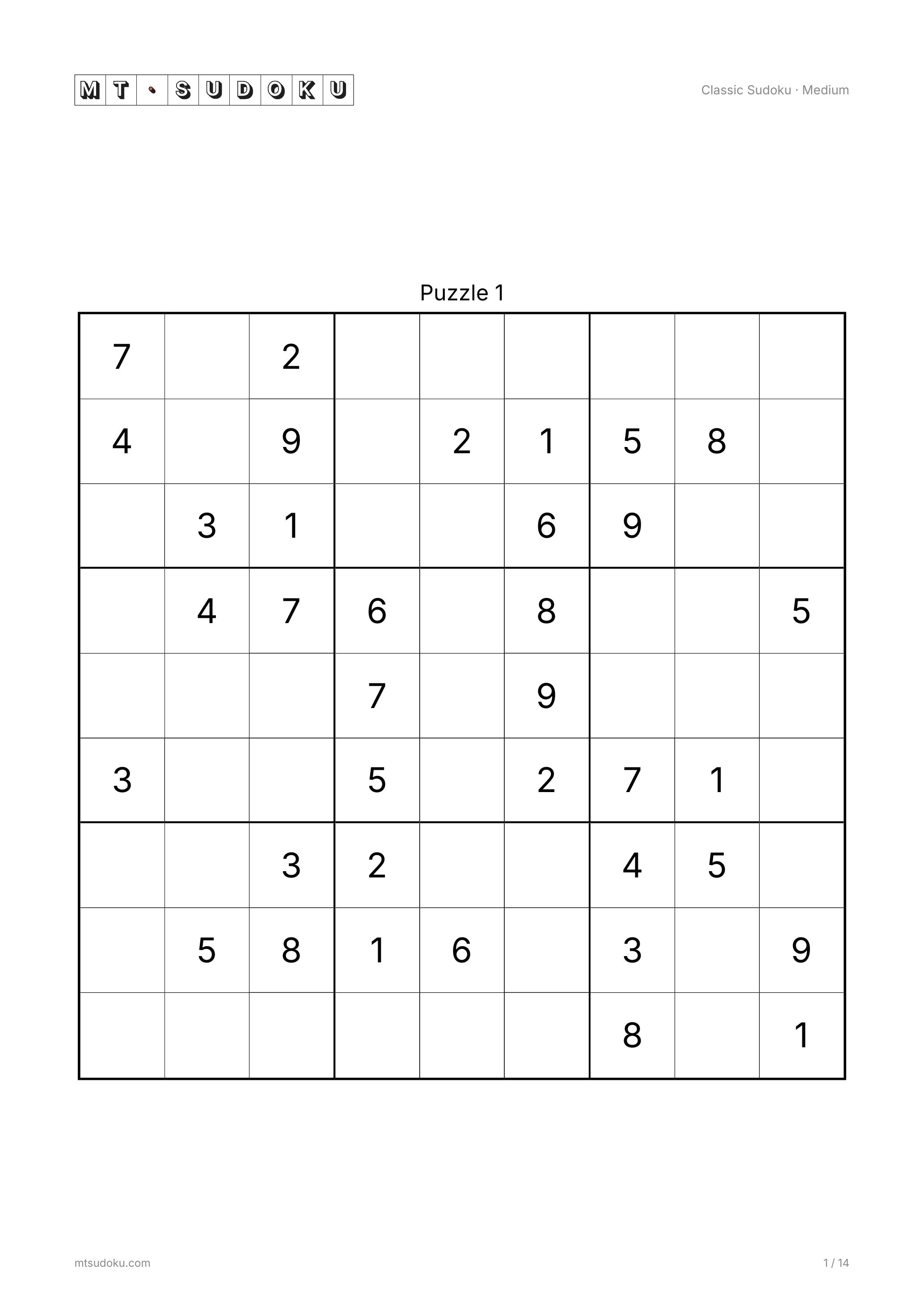 Classic Sudoku Medium — 1 puzzle per page