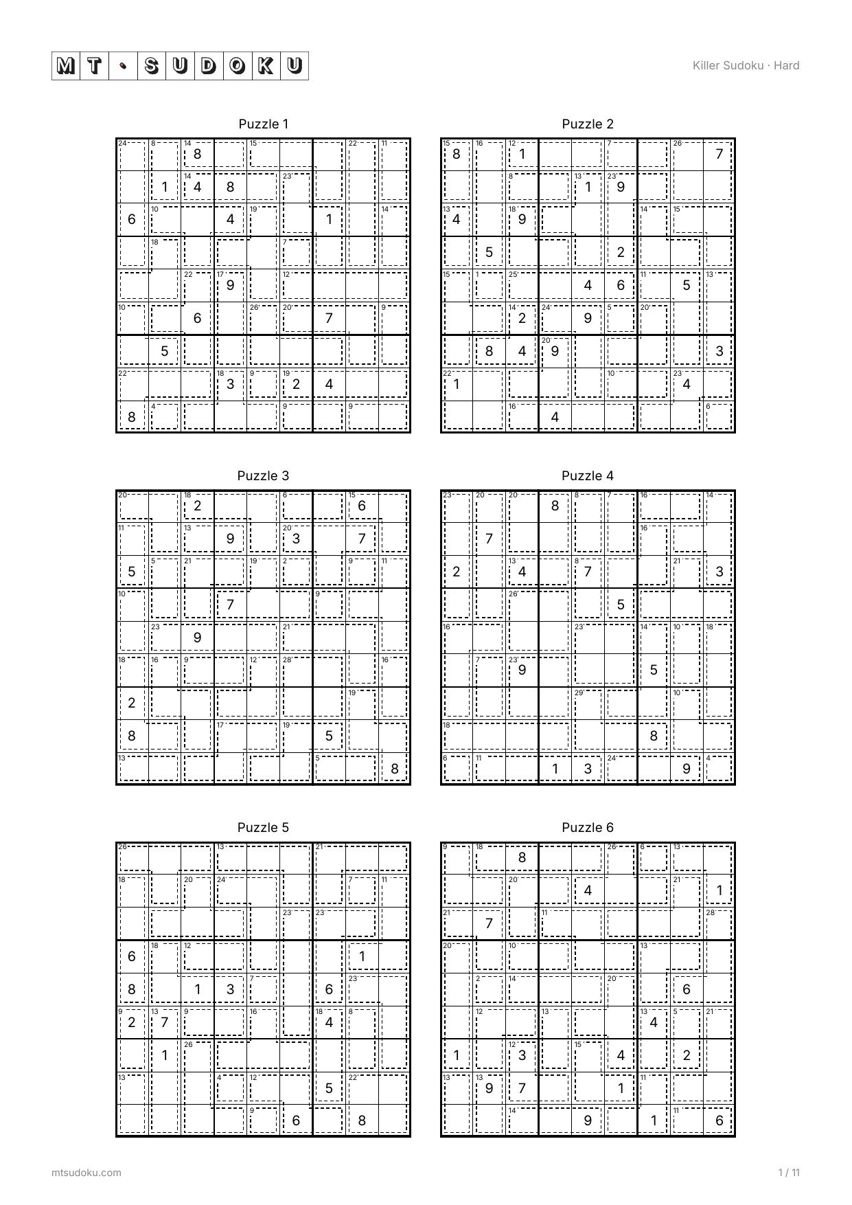 Killer Sudoku Hard — 6 puzzles per page