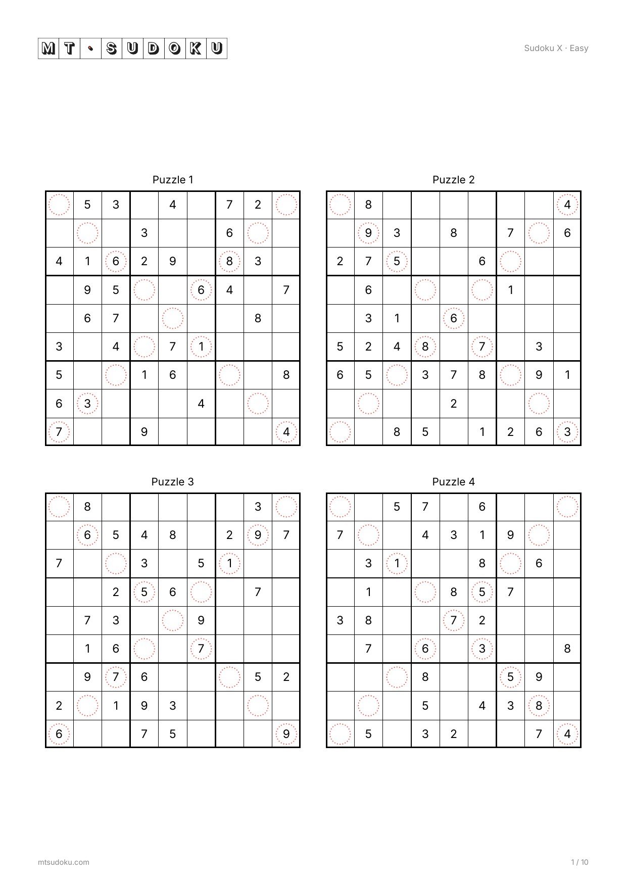 Sudoku X Easy — 4 puzzles per page