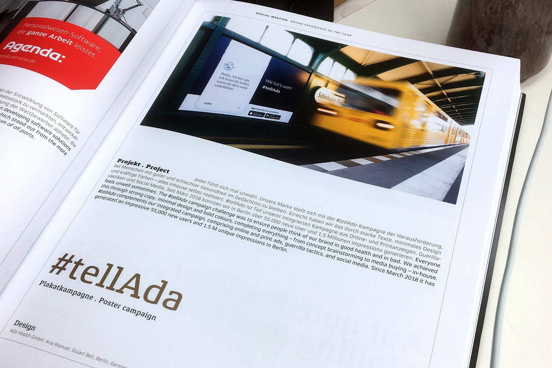 German Brand Award 2018 yearbook — the #TellAda case study printed inside, headed 'Special mention · Brand experience of the year', with the Berlin U-Bahn motion-blur photo and the campaign credits