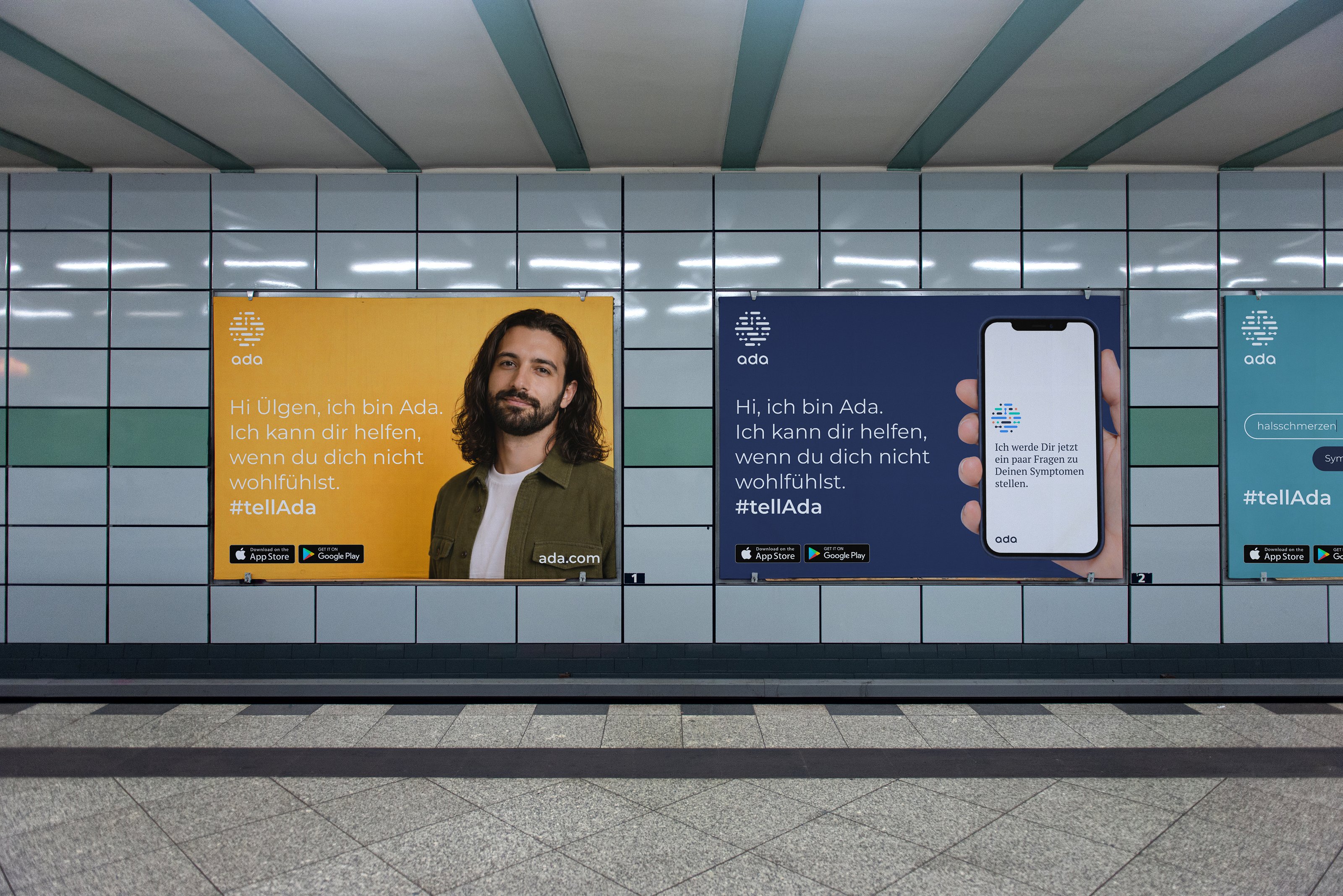 #TellAda — Berlin U-Bahn station-wide takeover: three posters in a row in the German variant, Ülgen on yellow with 'Hi Ülgen, ich bin Ada', a blue Ada app-interface poster, and a teal symptom-selector poster
