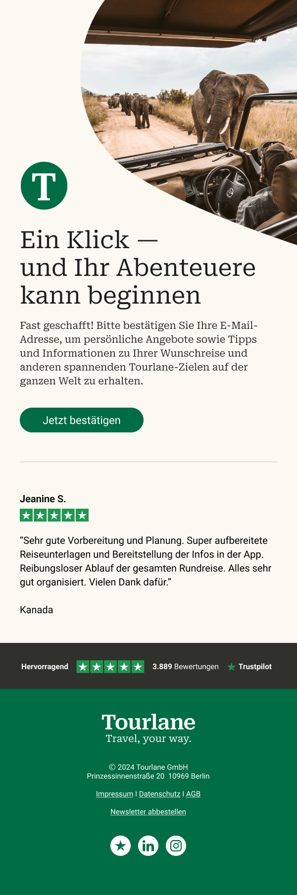 Tourlane onboarding email — ‘Ein Klick — und Ihr Abenteuer kann beginnen’ with a safari jeep and elephant hero photograph