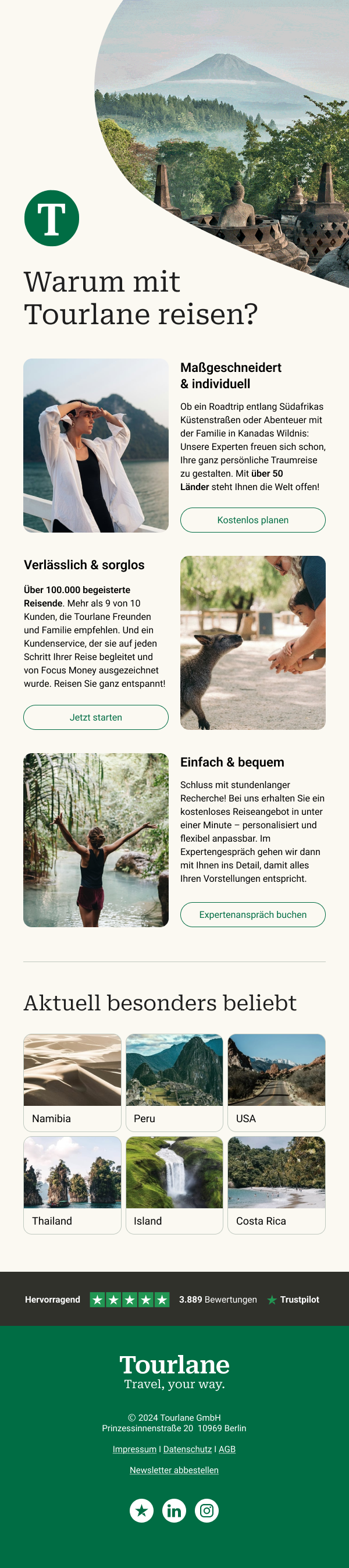 Tourlane nurture email — ‘Warum mit Tourlane reisen?’ with a Borobudur temple and volcanic landscape hero