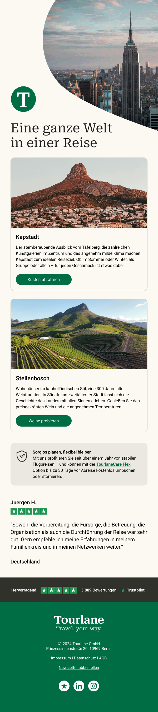 Tourlane lifecycle email — ‘Eine ganze Welt in einer Reise’ with a New York City skyline hero photograph