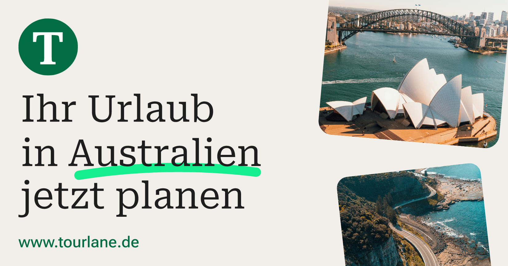 Tourlane Meta feed 1.91:1 ad — ‘Ihr Urlaub in Australien jetzt planen’ with Sydney Opera House and coastal photography