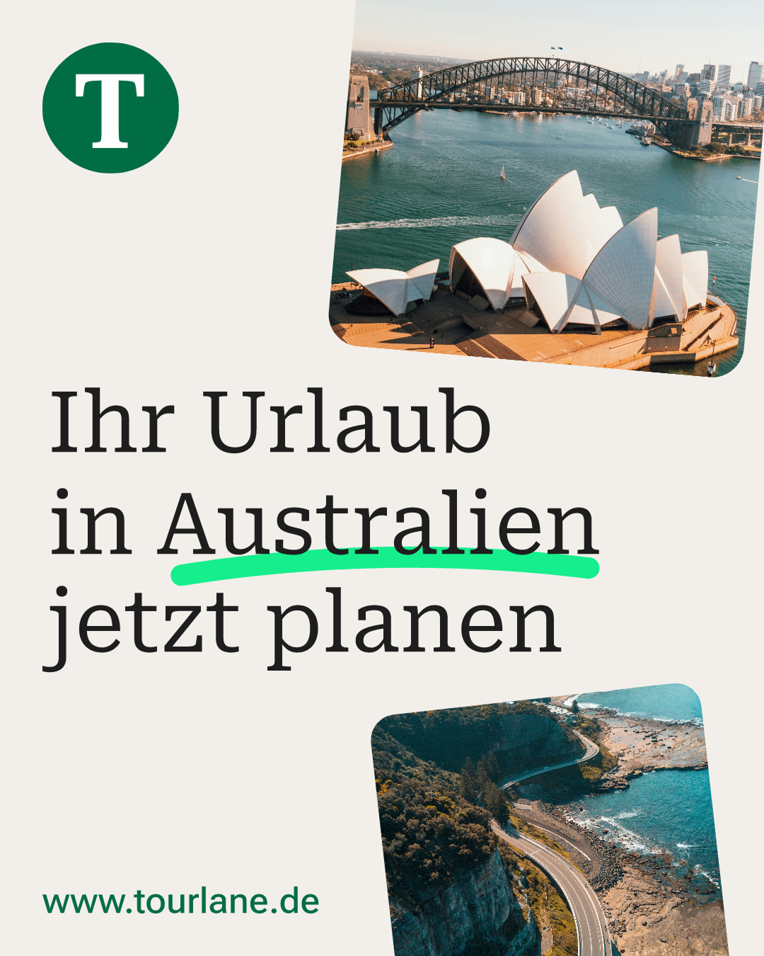 Tourlane Meta feed 4:5 ad — ‘Ihr Urlaub in Australien jetzt planen’ with Sydney Harbour Bridge photography