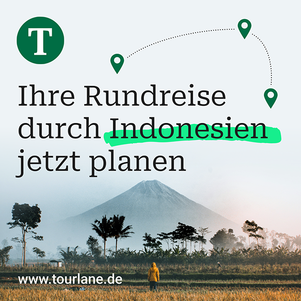 Tourlane Meta feed ad — ‘Ihre Rundreise durch Indonesien jetzt planen’, volcano and palm-tree photography with a brand dotted-line map overlay