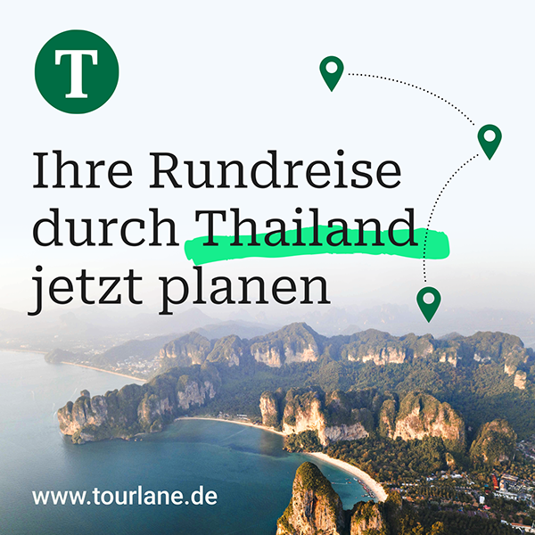 Tourlane Meta feed ad — ‘Ihre Rundreise durch Thailand jetzt planen’, limestone karst islands photograph