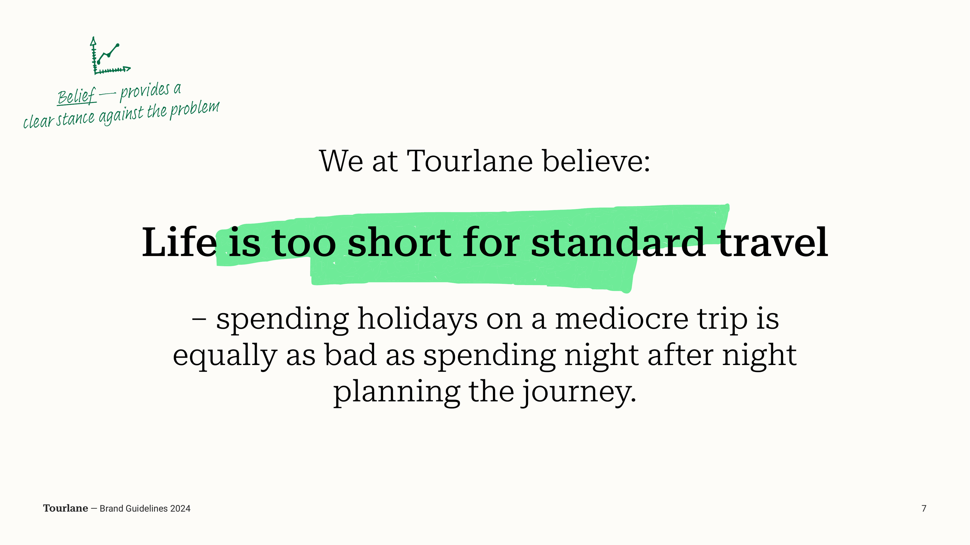 Tourlane Brand Book belief page: ‘Life is too short for standard travel’