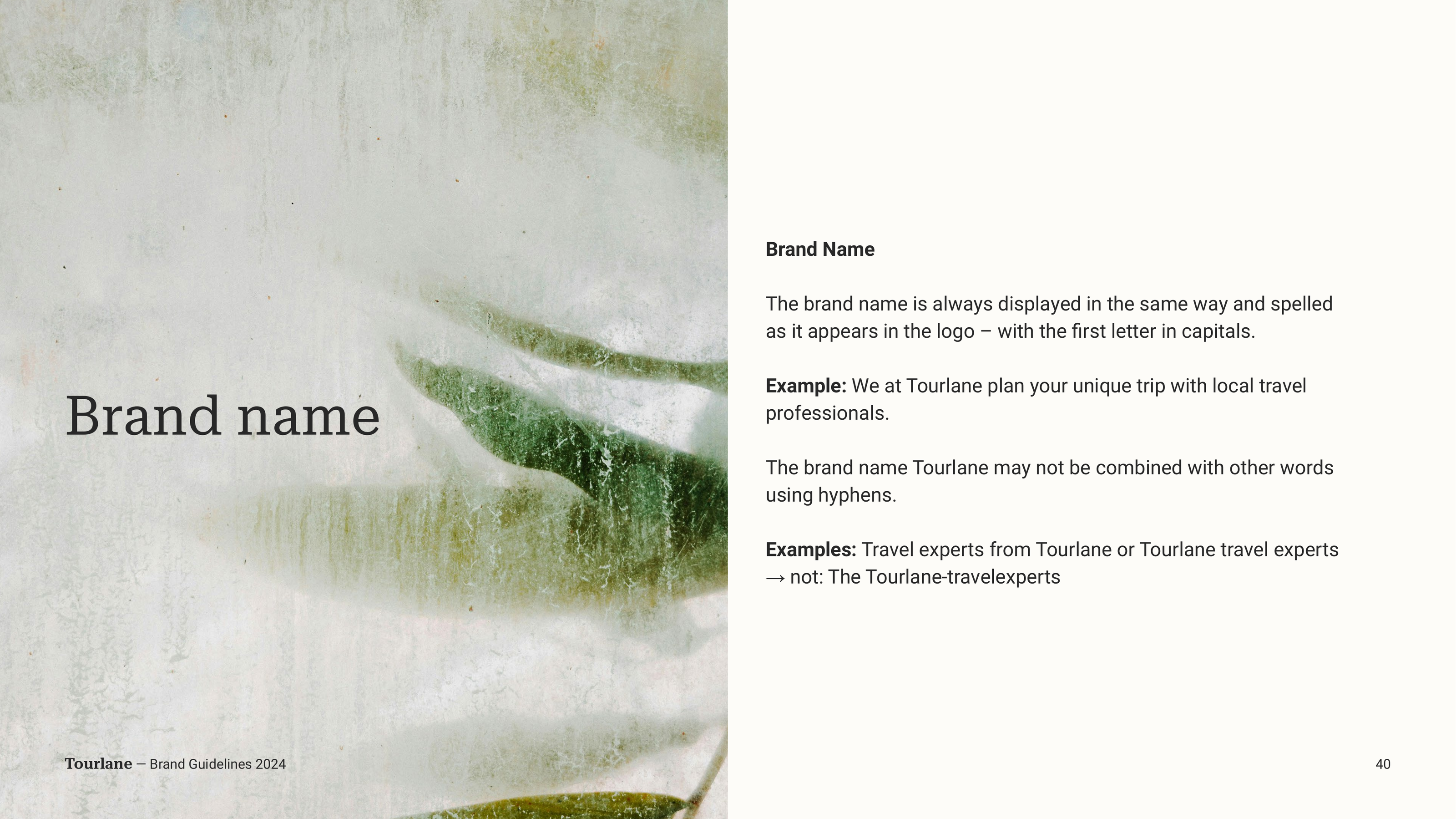Tourlane Brand Book brand-name page — rules for capitalisation, spelling and usage of the Tourlane name