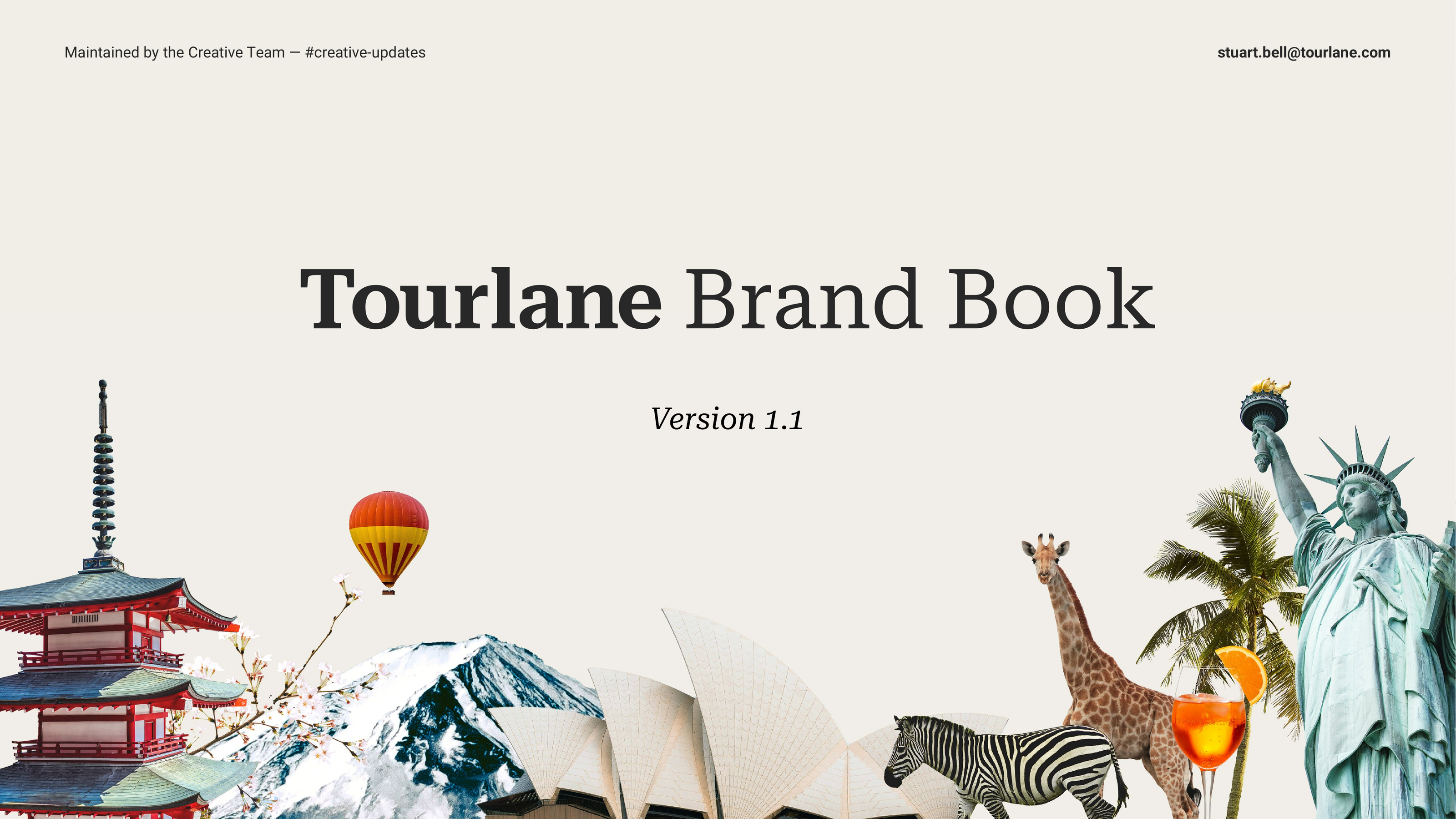 Tourlane Brand Book cover, Version 1.1 — destination collage with Mt. Fuji, the Sydney Opera House and the Statue of Liberty