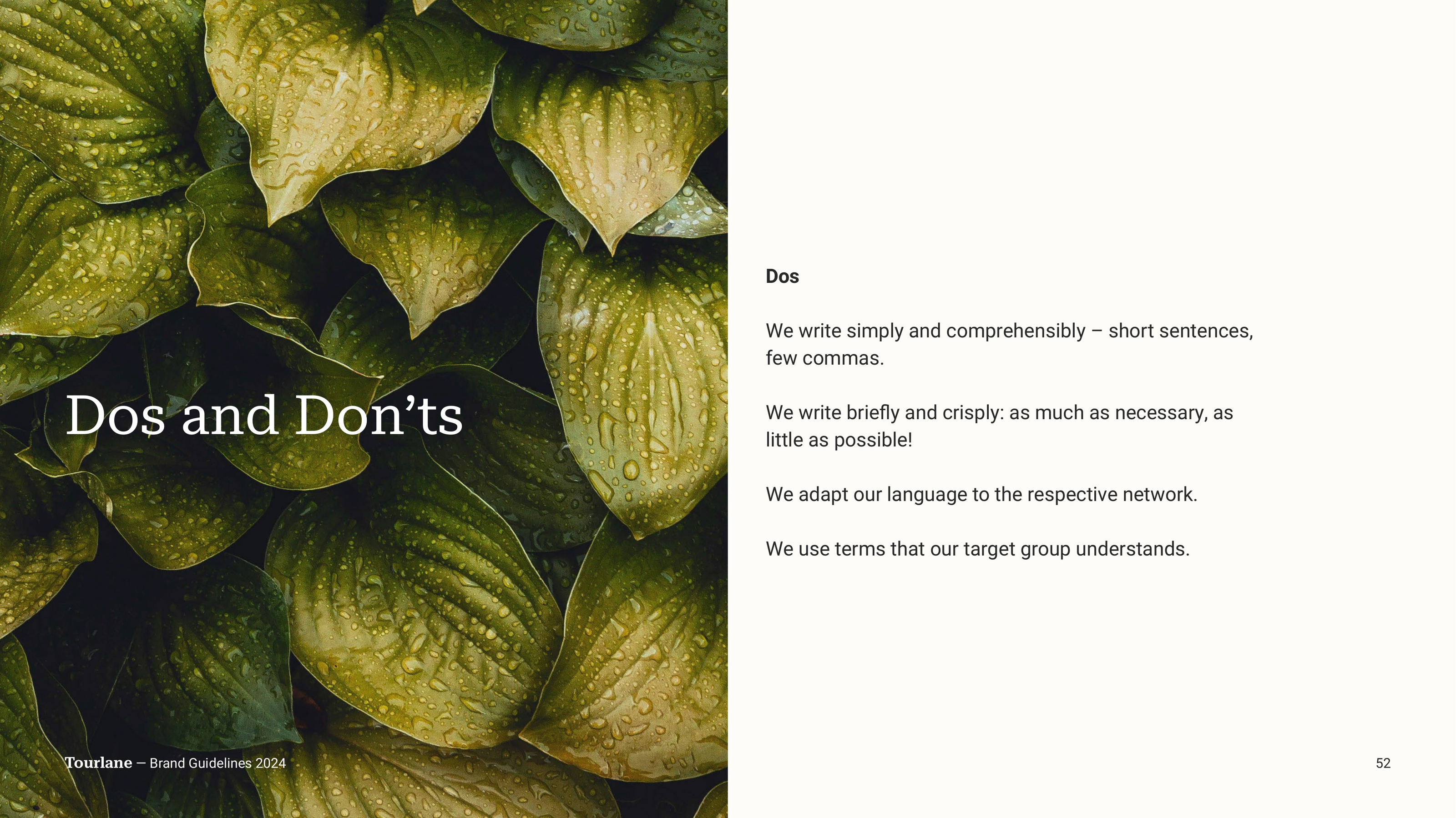 Tourlane Brand Book dos and don’ts spread for the brand voice