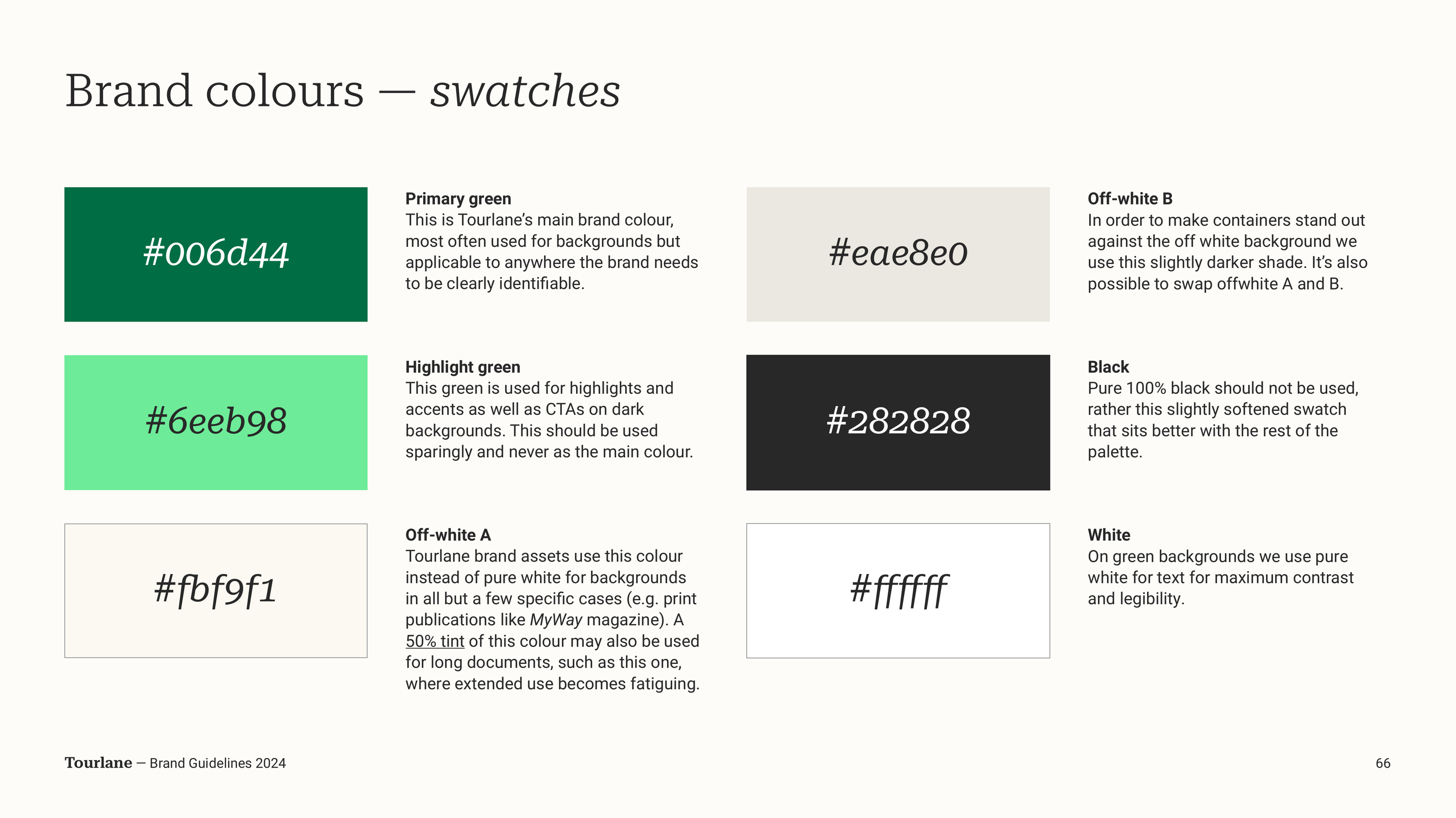 Tourlane Brand Book brand colours — six swatches with hex values, primary green #006d44, highlight green #6eeb98, off-white A #fbf9f1, off-white B #eae8e0, black #282828 and white #ffffff