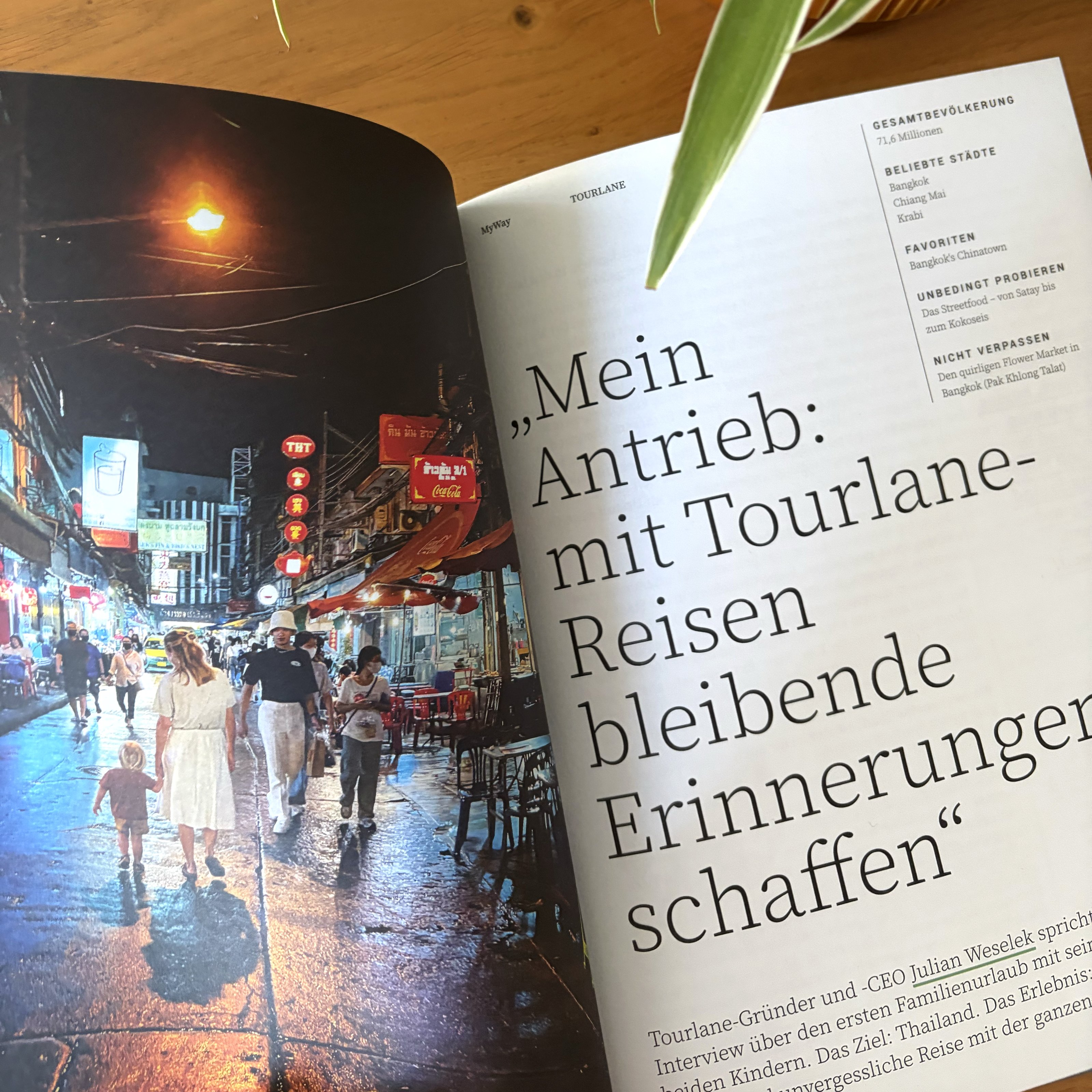 MyWay magazine spread — Bangkok travel feature, ‘Mein Antrieb: mit Tourlane-Reisen bleibende Erinnerungen schaffen’