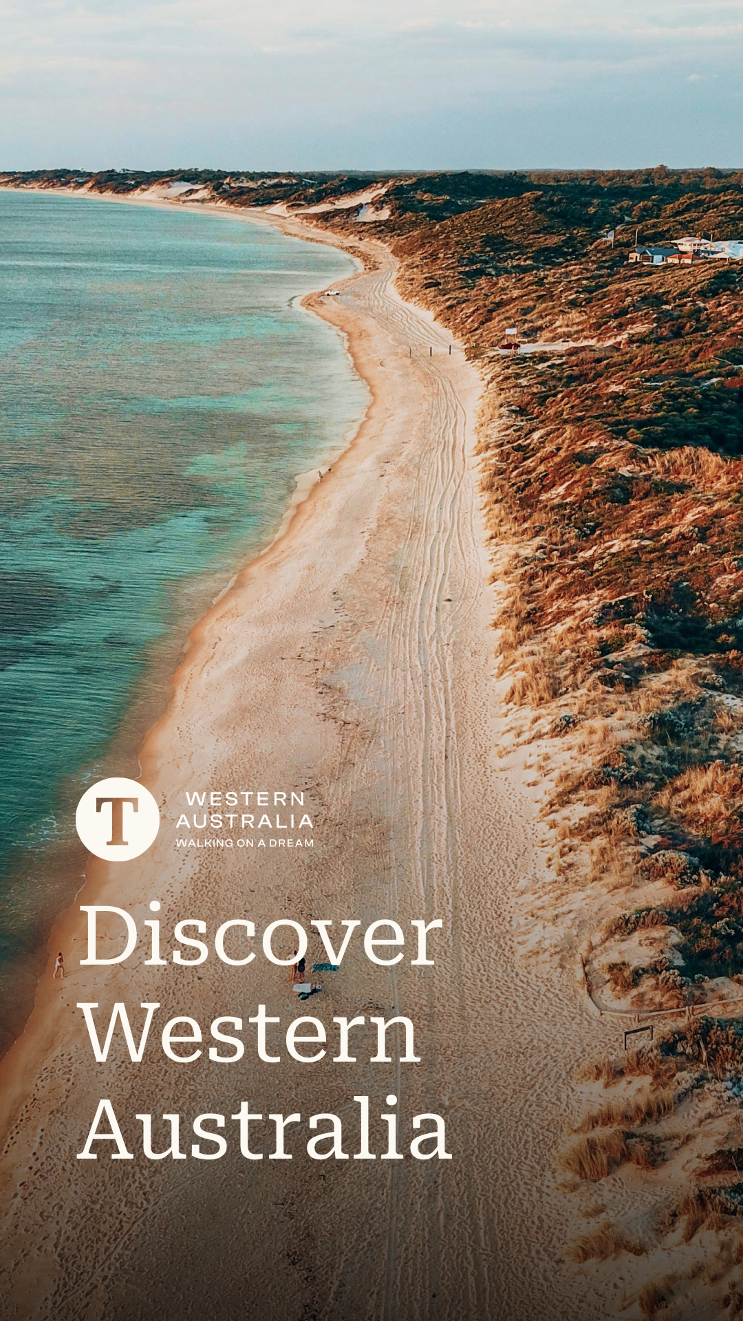 Tourlane ‘Discover Western Australia’ Story cover — aerial of a curving WA coastline with the Tourlane Western Australia lockup