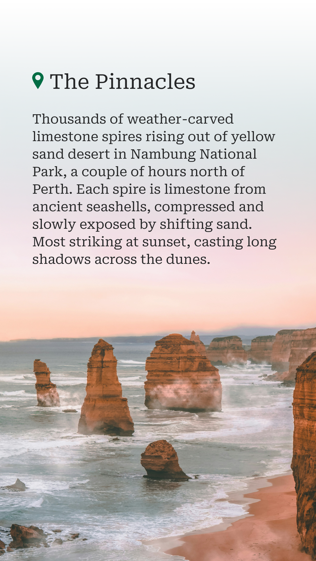 Tourlane Story 3 — The Pinnacles: thousands of limestone spires in Nambung National Park, sand and sunset