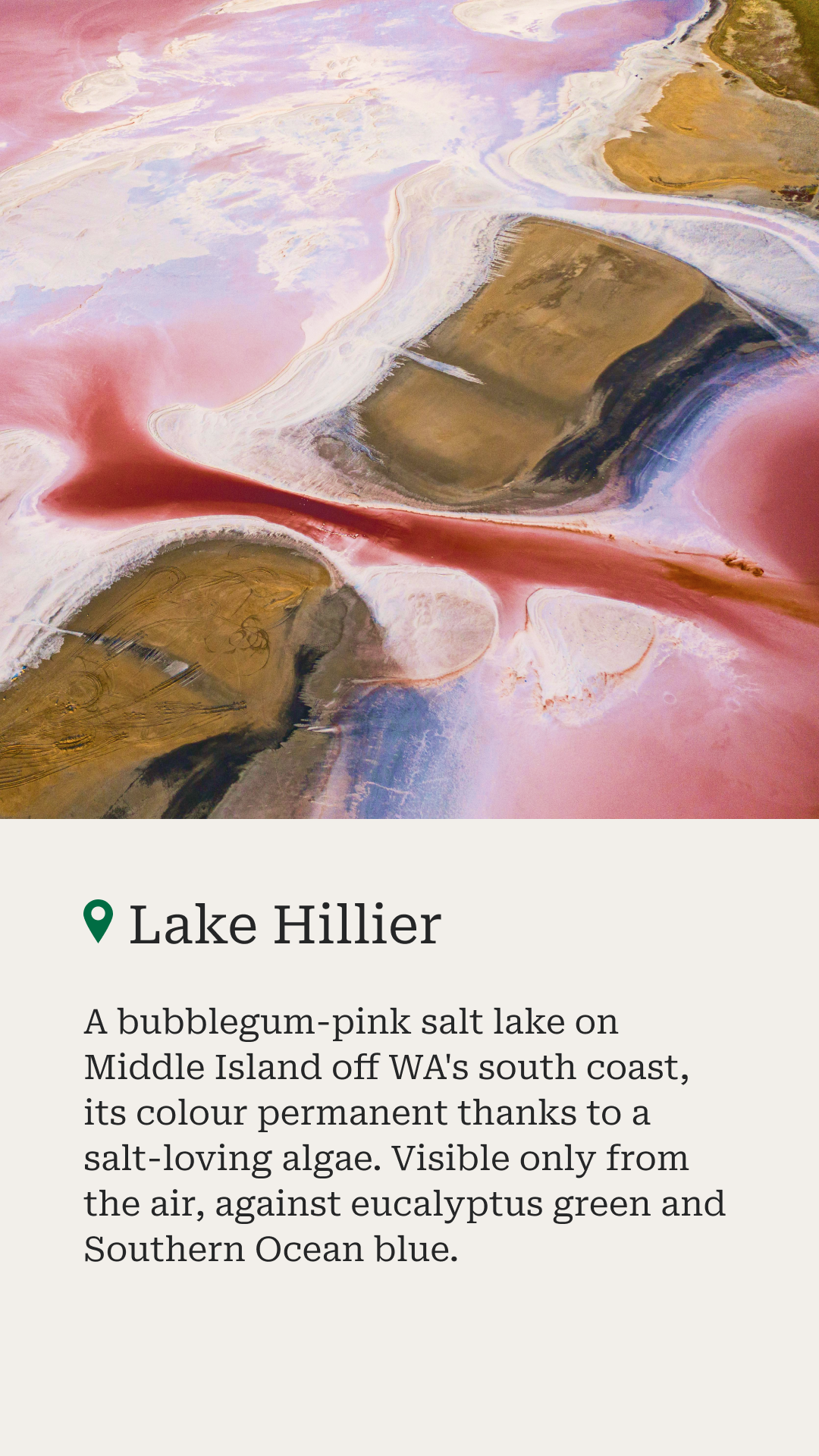 Tourlane Story 4 — Lake Hillier: bubblegum-pink salt lake on Middle Island, aerial only